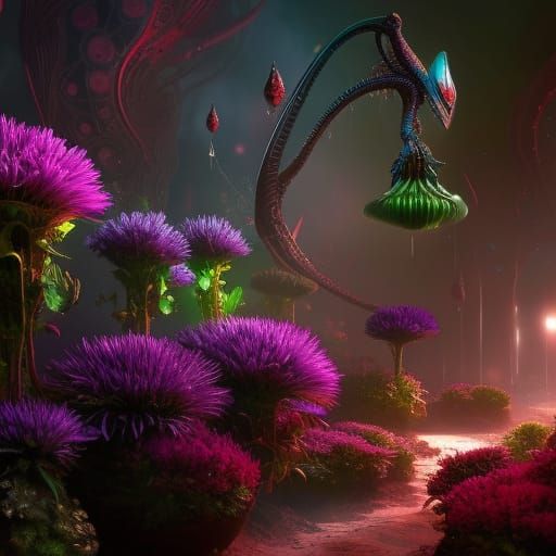 very strange beautiful alien flower in alien garden, deep co...