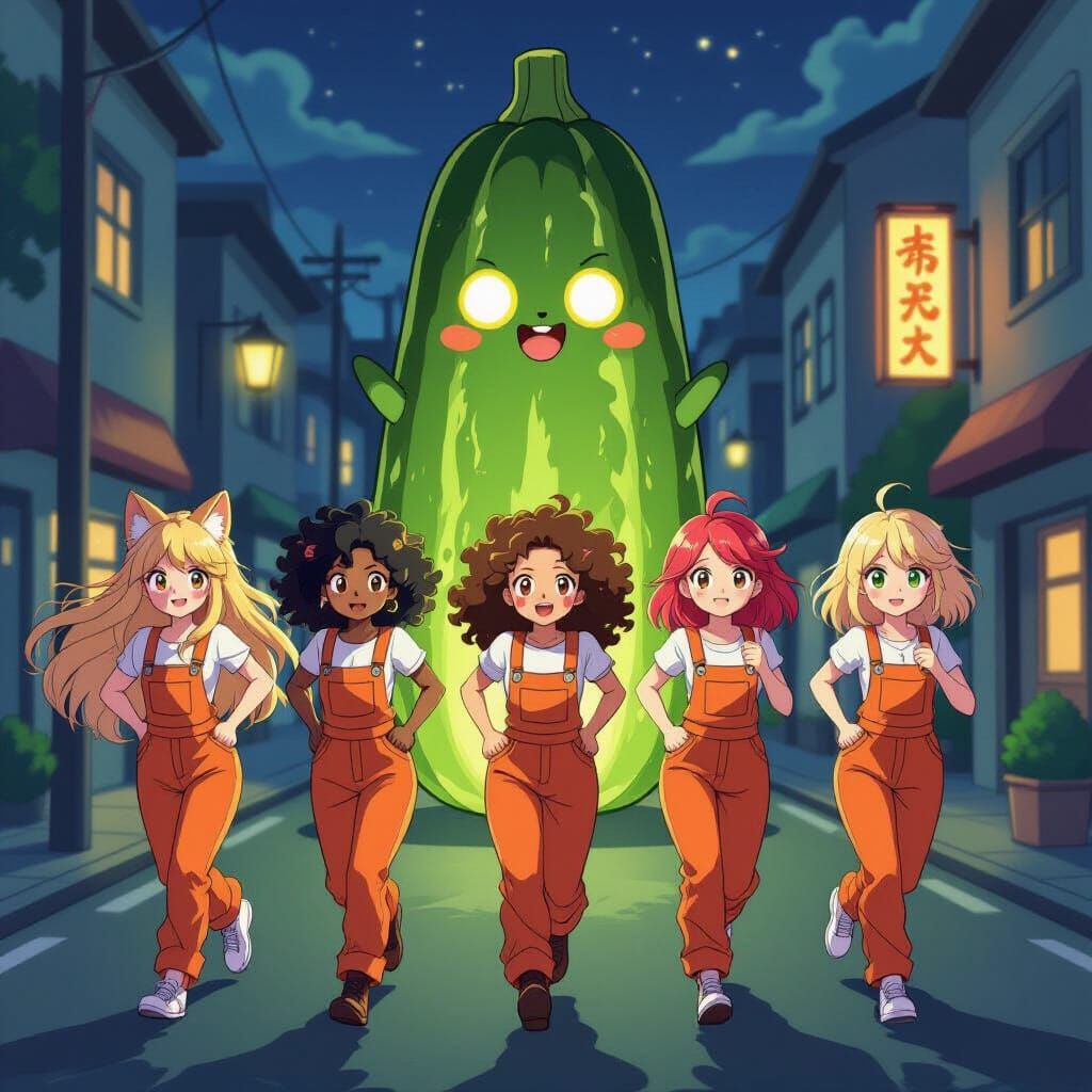 Anime Girls Fleeing Giant Zucchini in Cel-Shaded Style