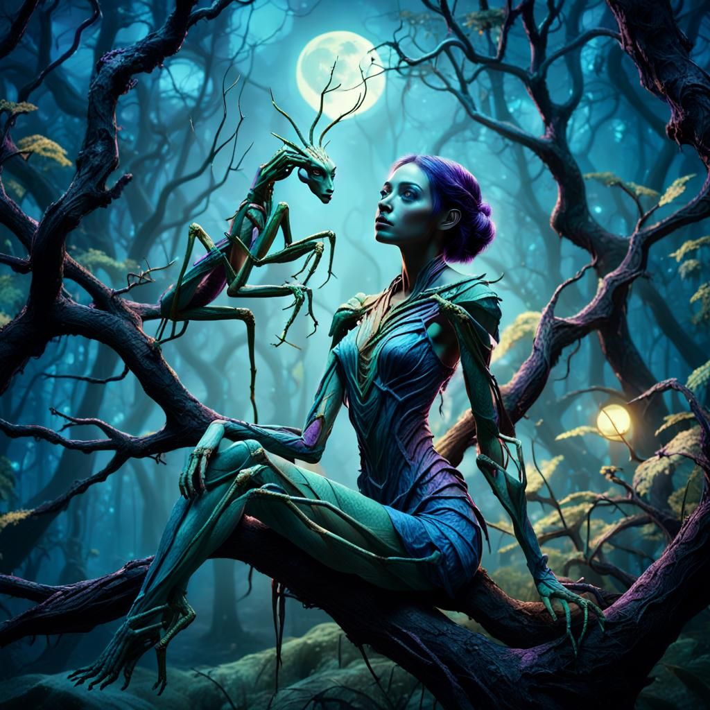 Mantis Woman in Mystical Forest: Digital Art