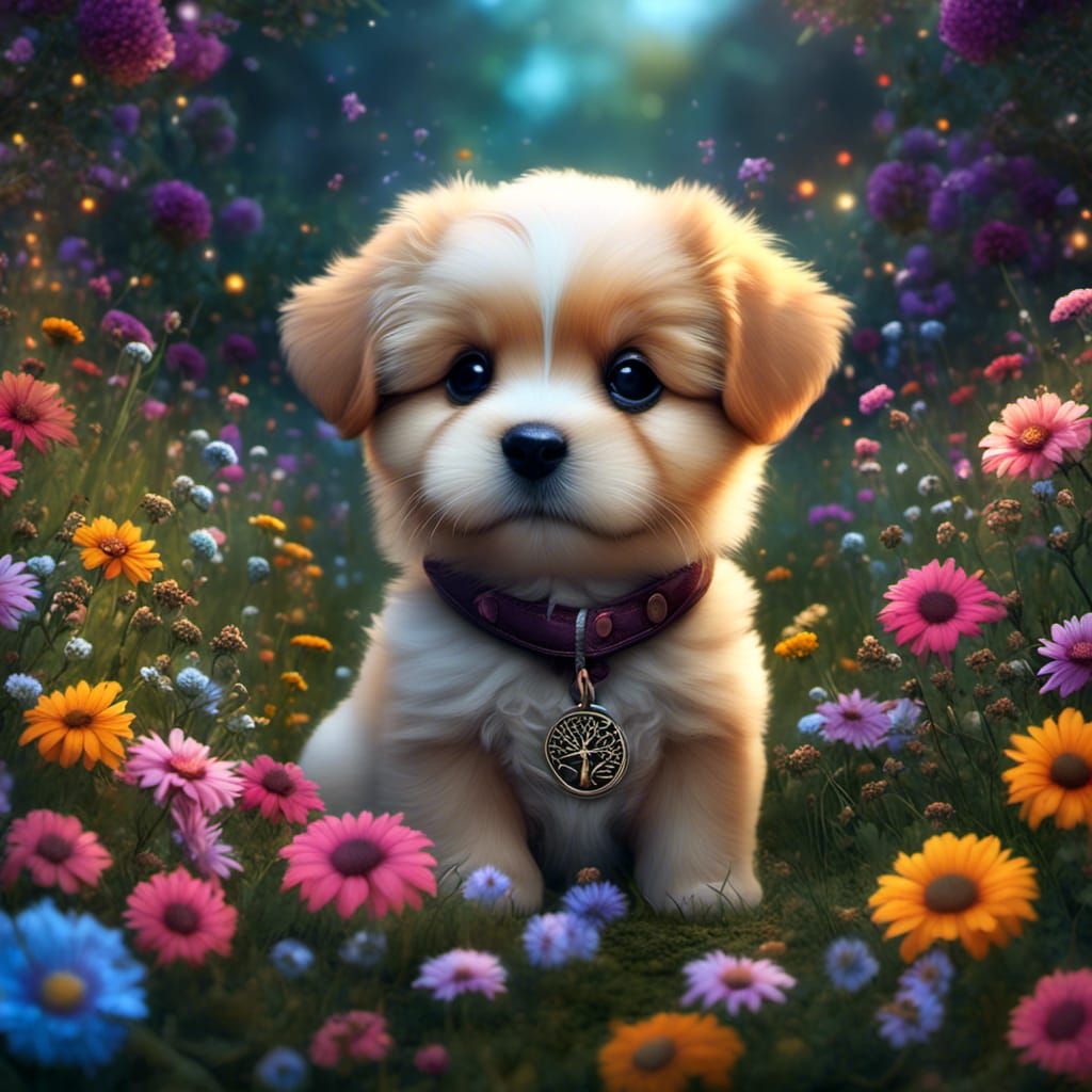 Adorable Chibi Puppy in Colorful Meadow