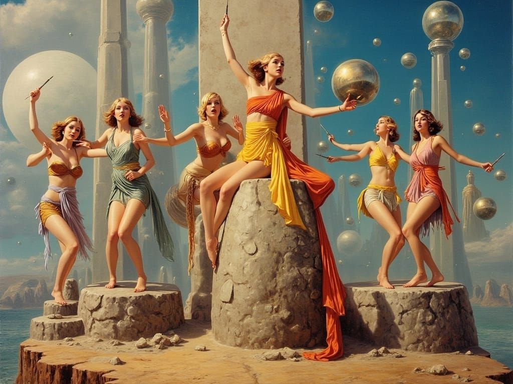 Klabauter-Girls Dance on Levitating Monolith, Retro-Futurism