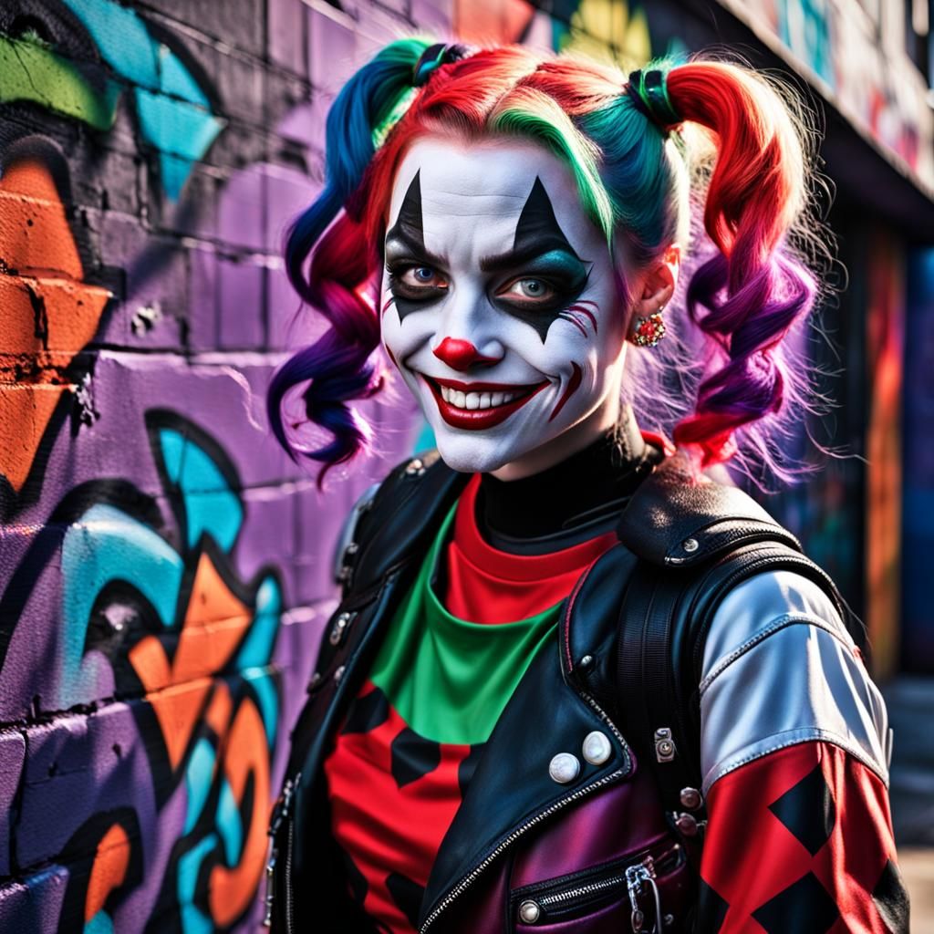 Photorealistic Harley Quinn Portrait in Comic Book Style