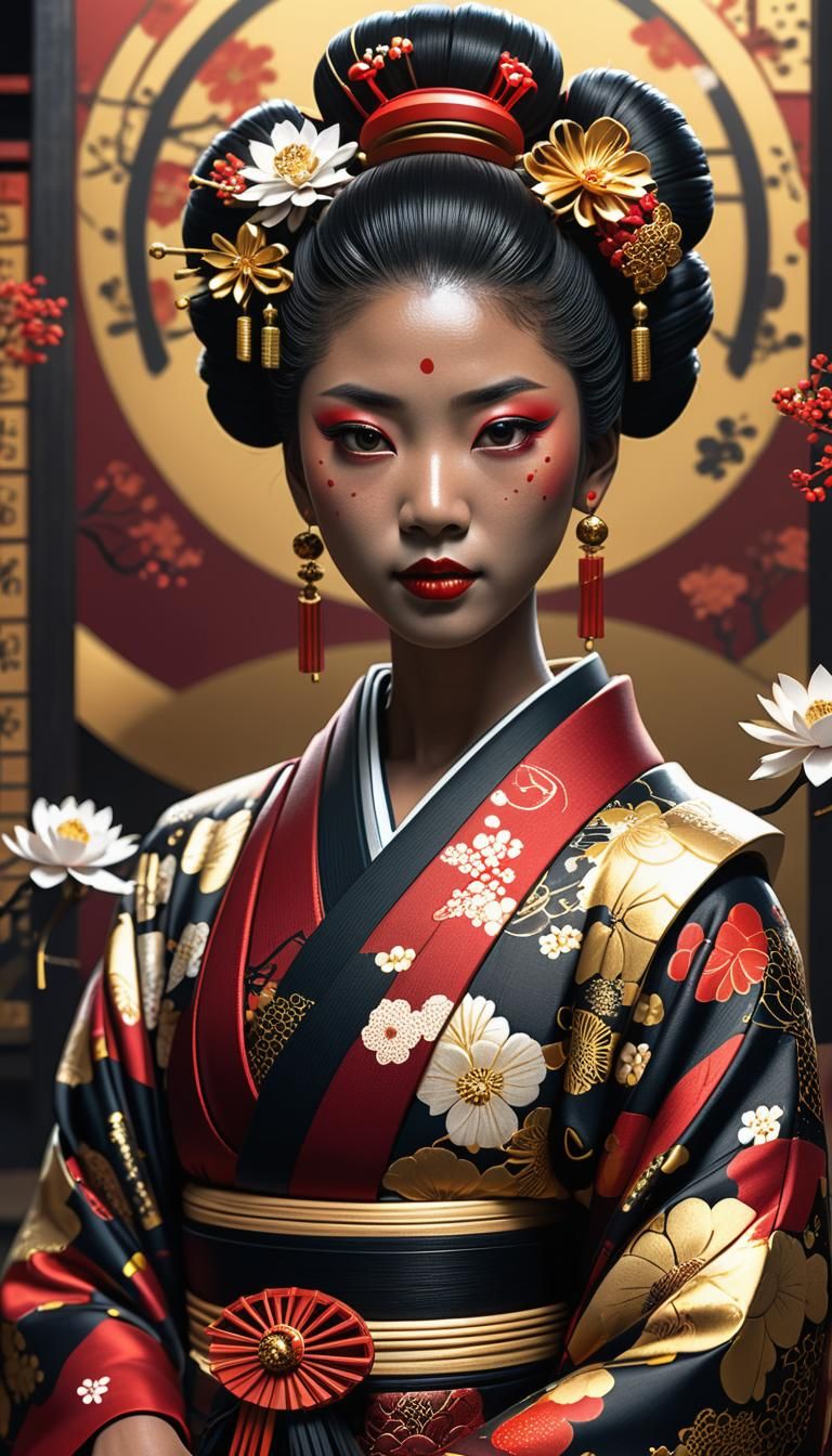 Black Geisha in Kimono with Kanzashi, Matte Painting