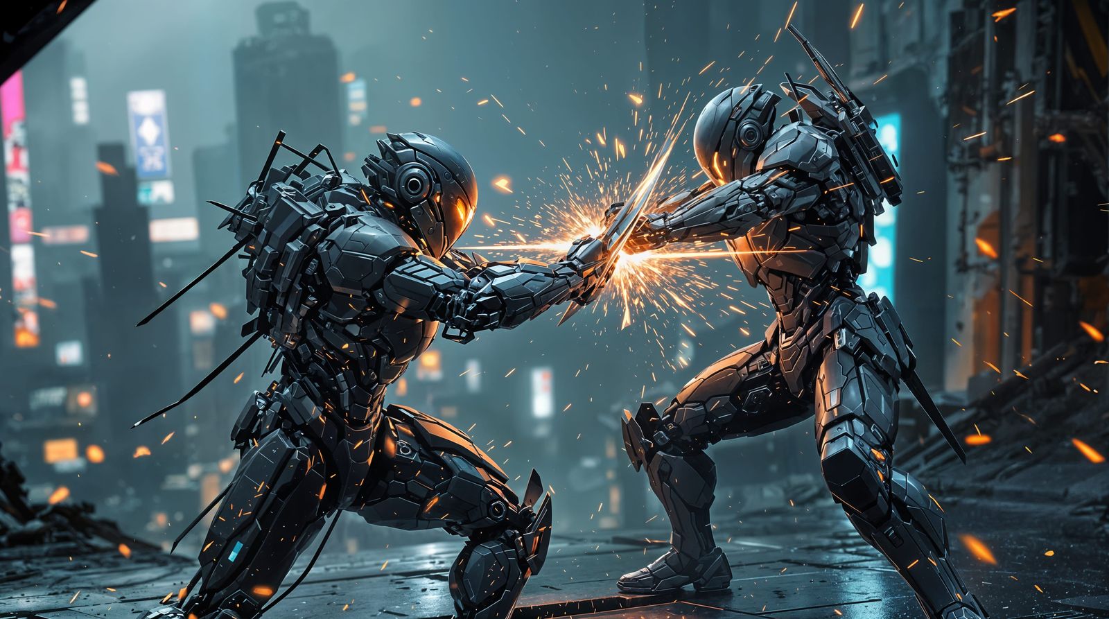 Cyberpunk Exoskeleton Warriors Clash in a Neon-Lit Alleyway
