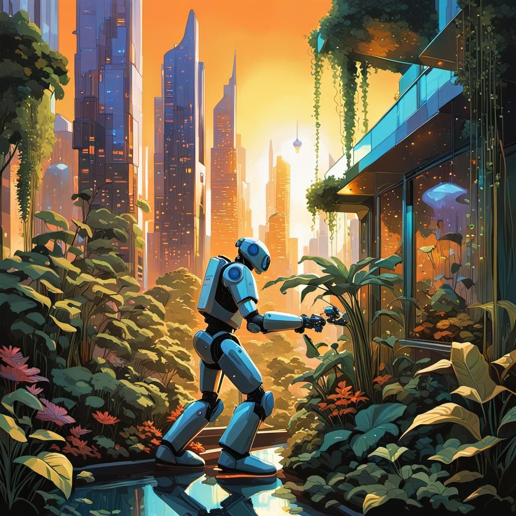 Sci-Fi Robot Gardener in Syd Mead Style