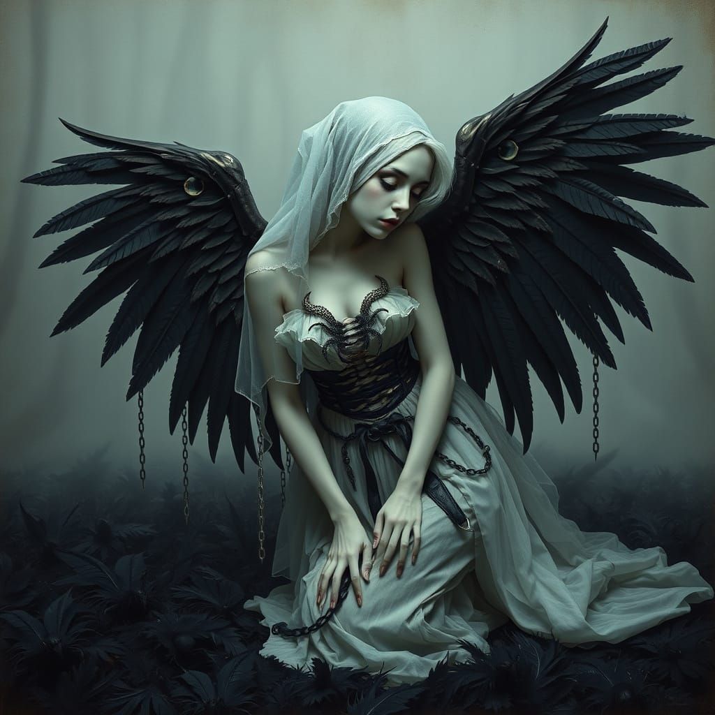 Eerie Pale Woman with Wings in Gothic Horror Style