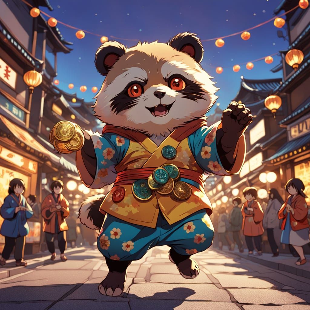Vibrant Tanuki in Colorful Kimono Dances in Anime Style