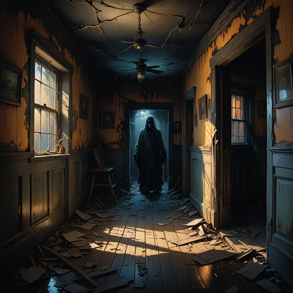 Sorrowful Specter Illuminated in a Haunted Mansion