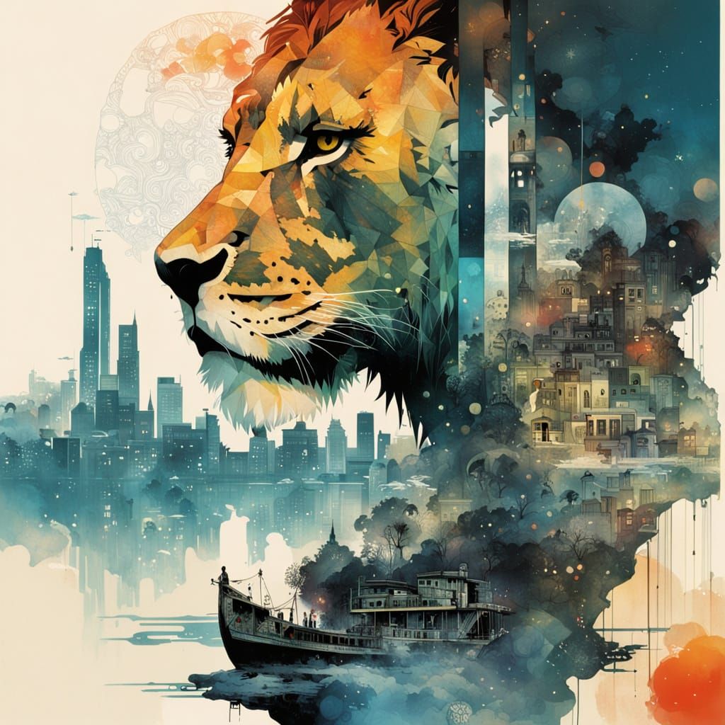 Double Exposure Lion Waterfall City Galaxy Silhouette