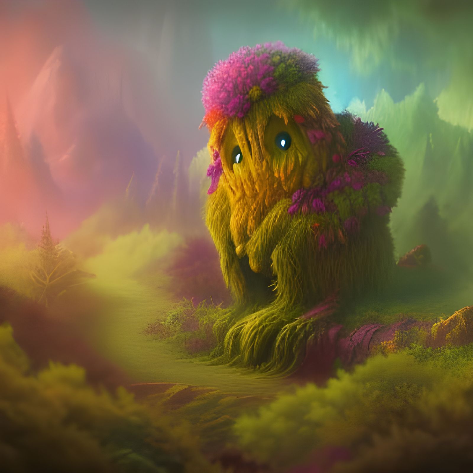 Cute Fuzzy Forest Monster in Watercolor Style