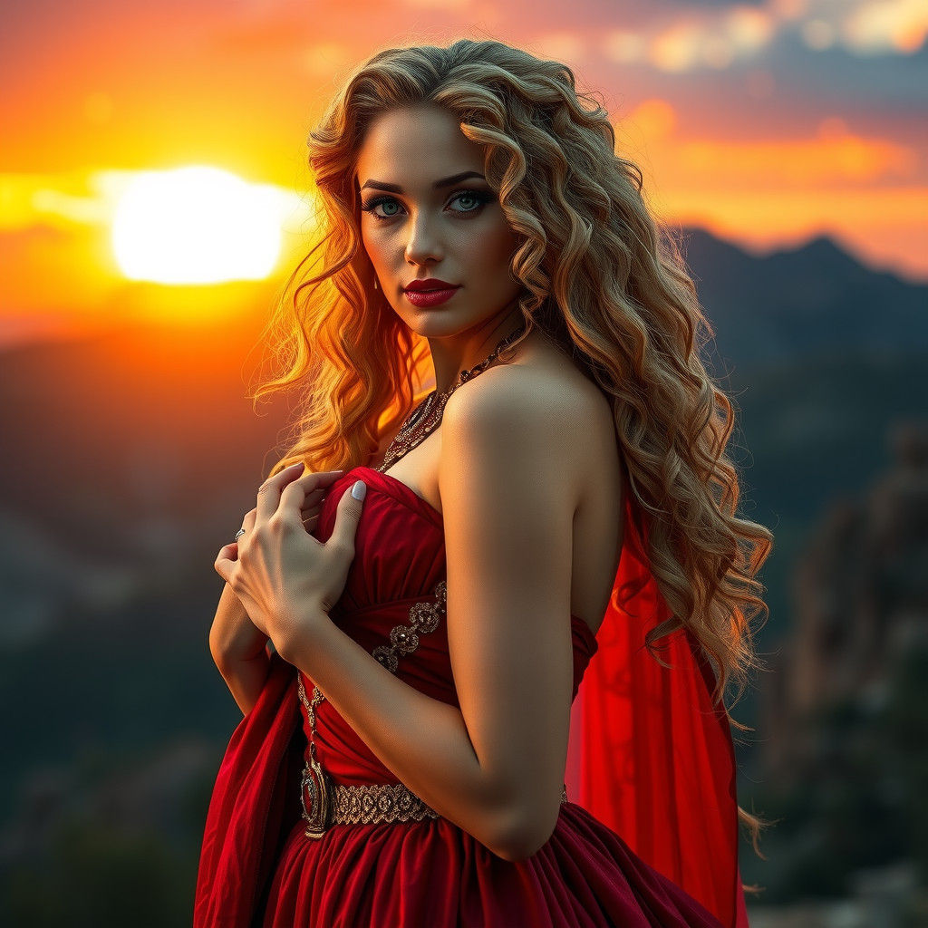 Queen of the Sun in Flowing Red Gown