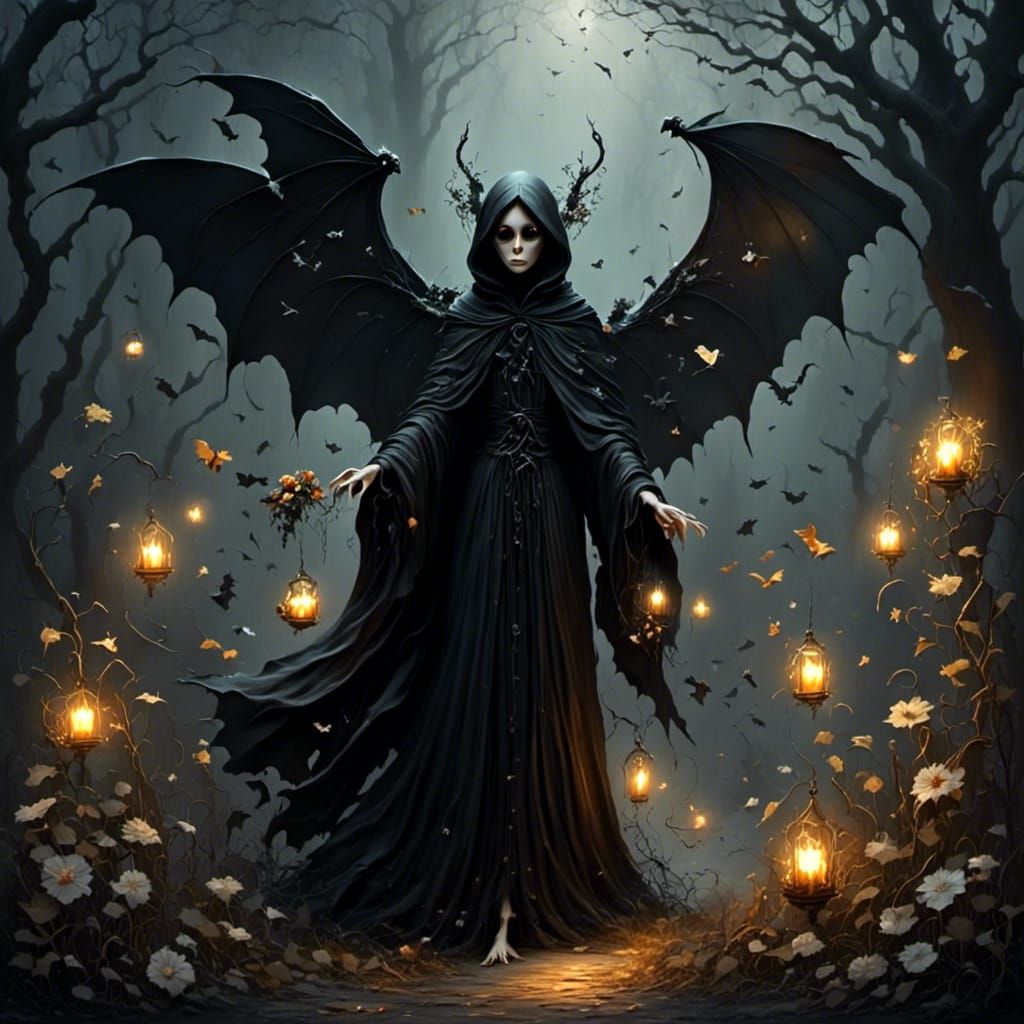 Sinister Fairy Poisoning Flowers at Night