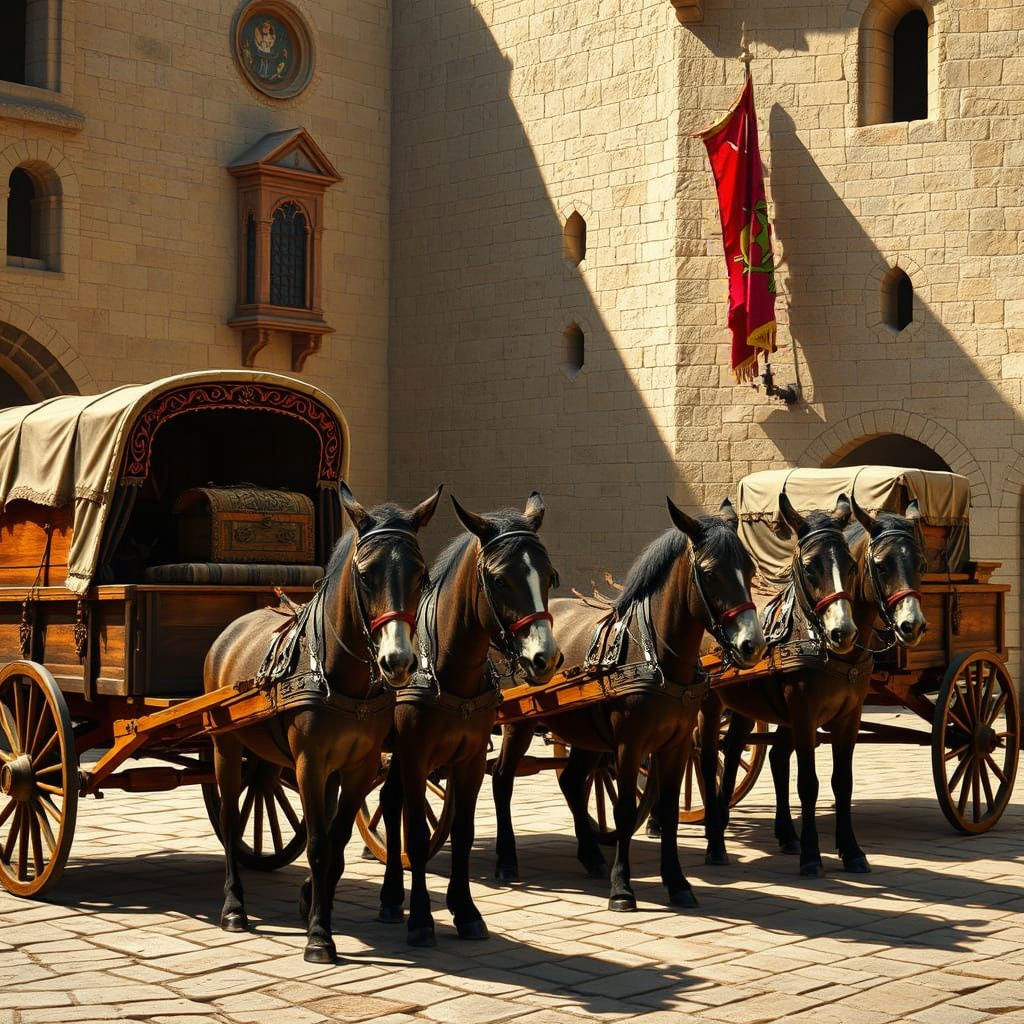 Medieval Castle Courtyard Scene with Mules and Antique Furni...