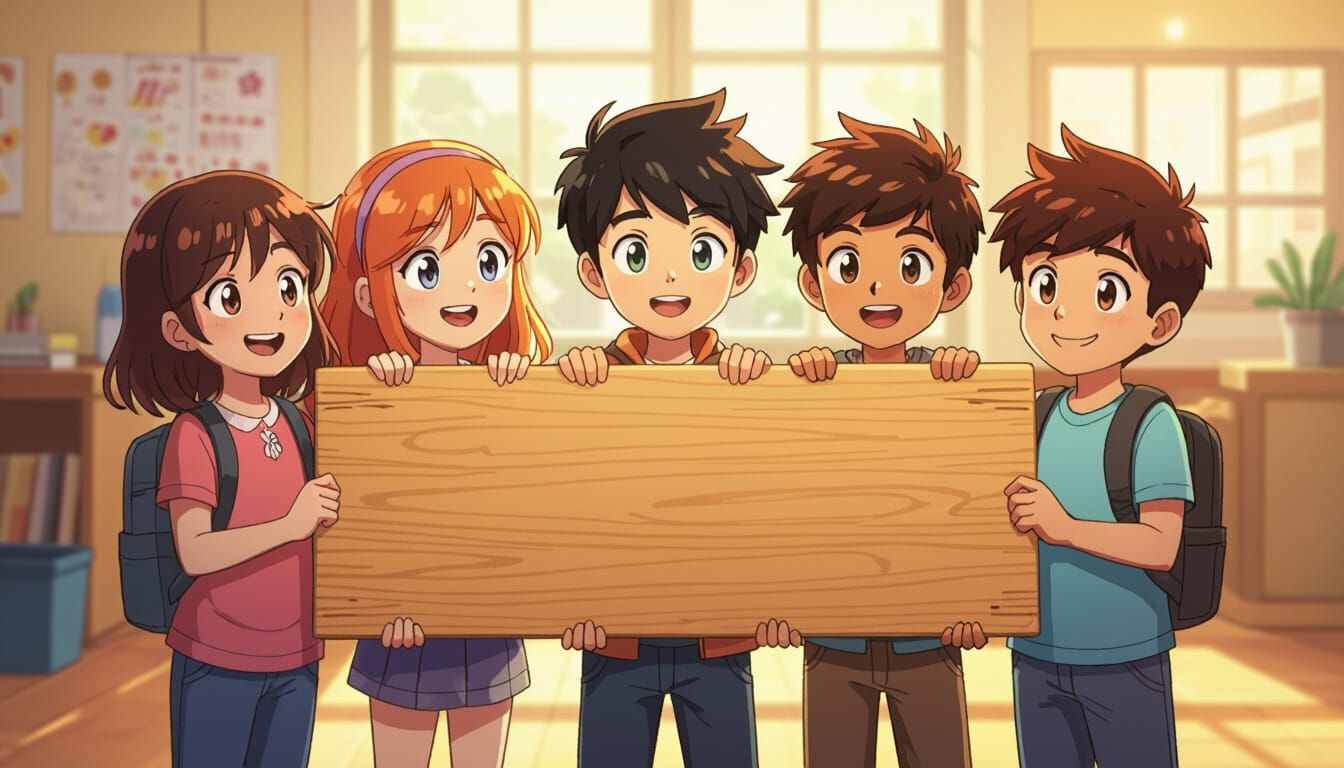 Six Happy Kids Hold Wooden Board in Vibrant Anime Style