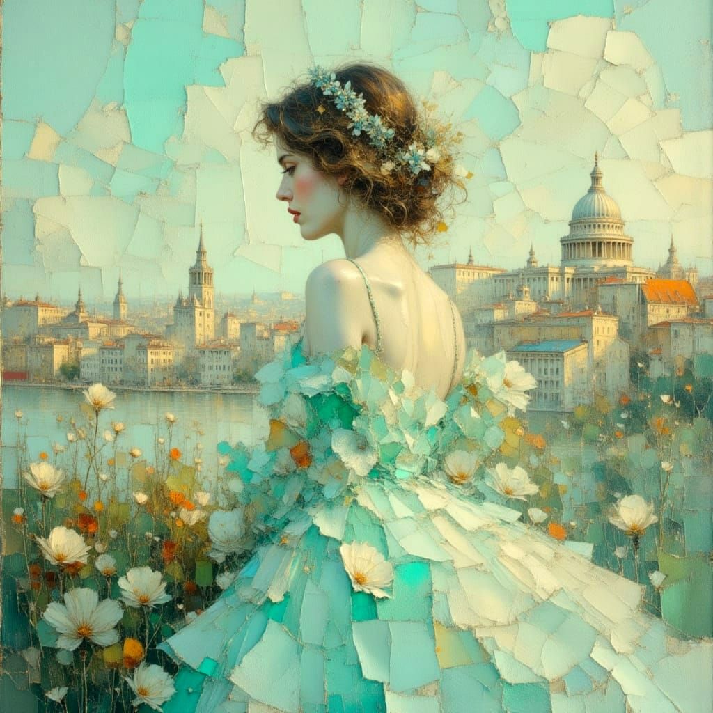 Illuminated Cityscape in Impasto Oil Painting Style