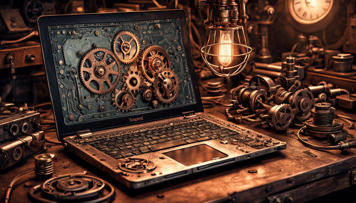 Steampunk Laptop on Cluttered Workbench Hyperrealistic