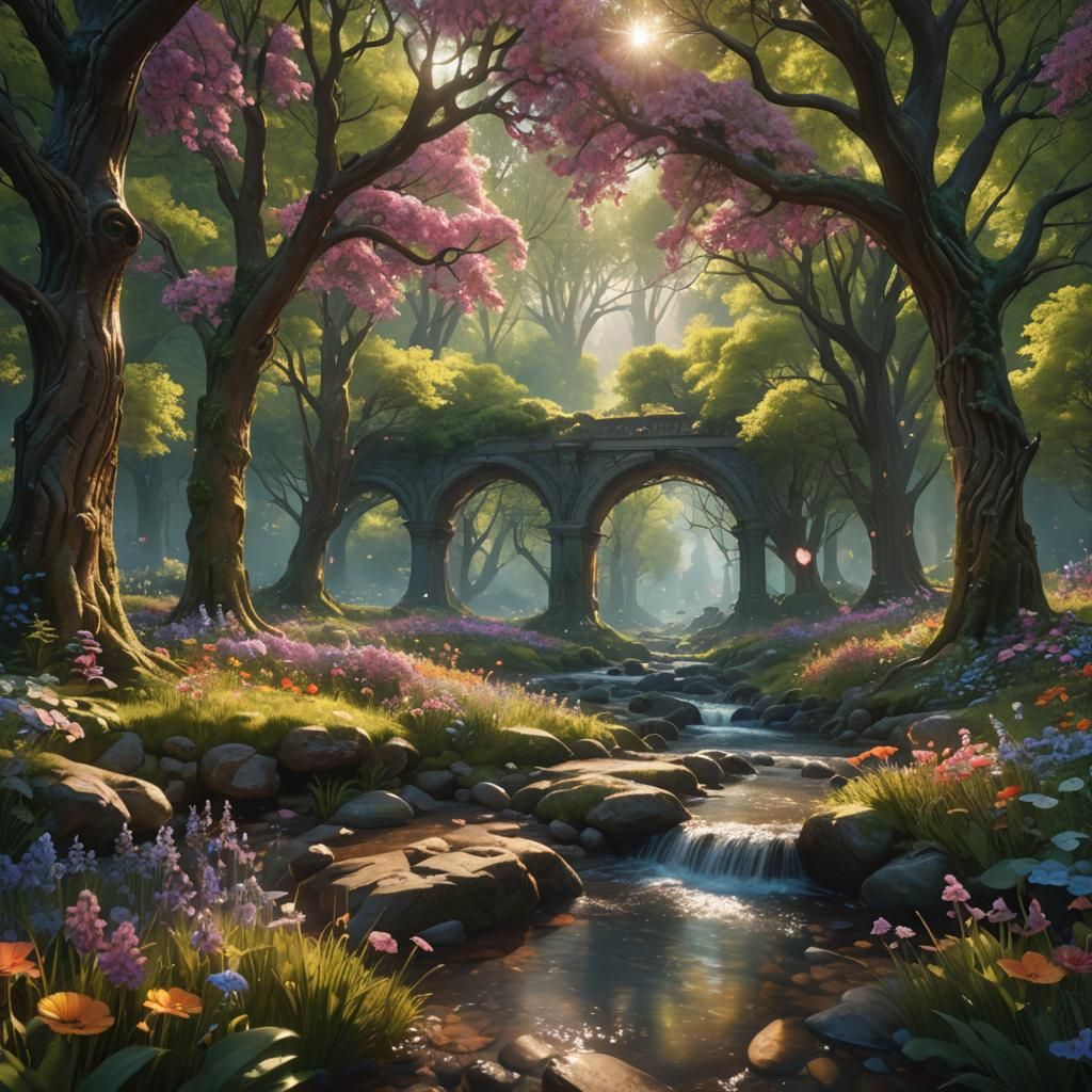 Sunlit Clearing with Stream in a Dreamlike Forest