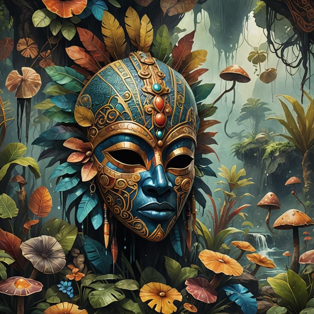 African Mask Fungi and Mandala Watercolor Painting