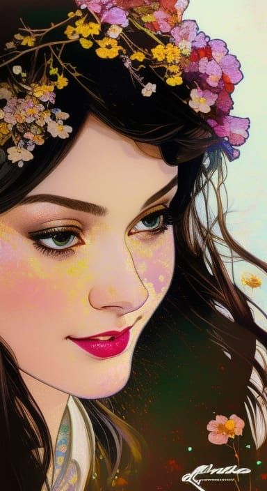 Anime Portrait of Freckled Brunette in Oil Paint