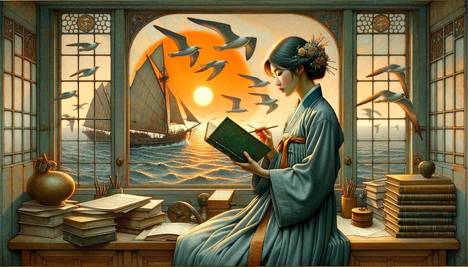 Korean Woman Reading, Art Nouveau Illustration