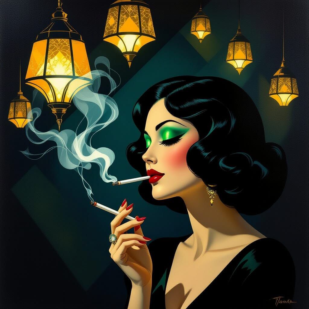 Art Deco Jazz Club with Sultry Woman in Emerald Green Eyes
