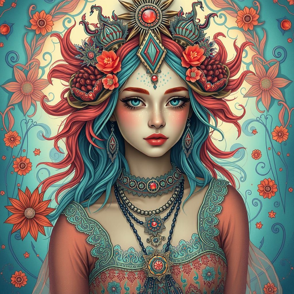 Ethereal Sea Princess in Vibrant Coral and Teal