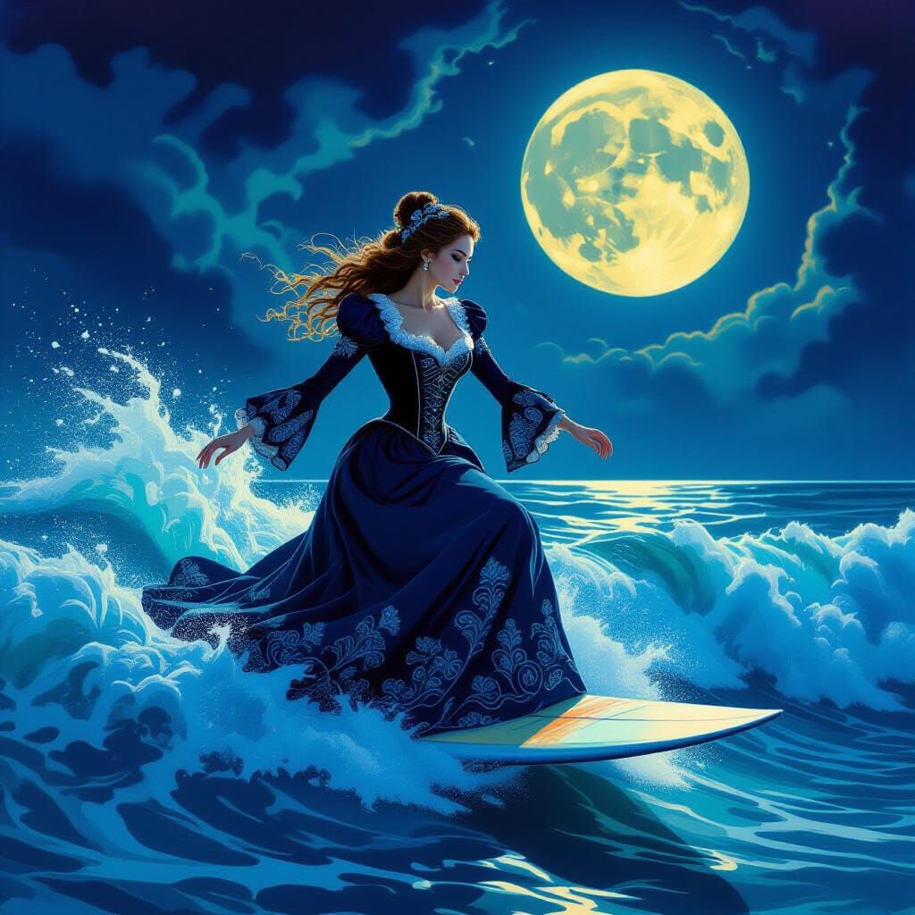 Victorian Surfer on Moonlit Wave in Dreamlike Atmosphere