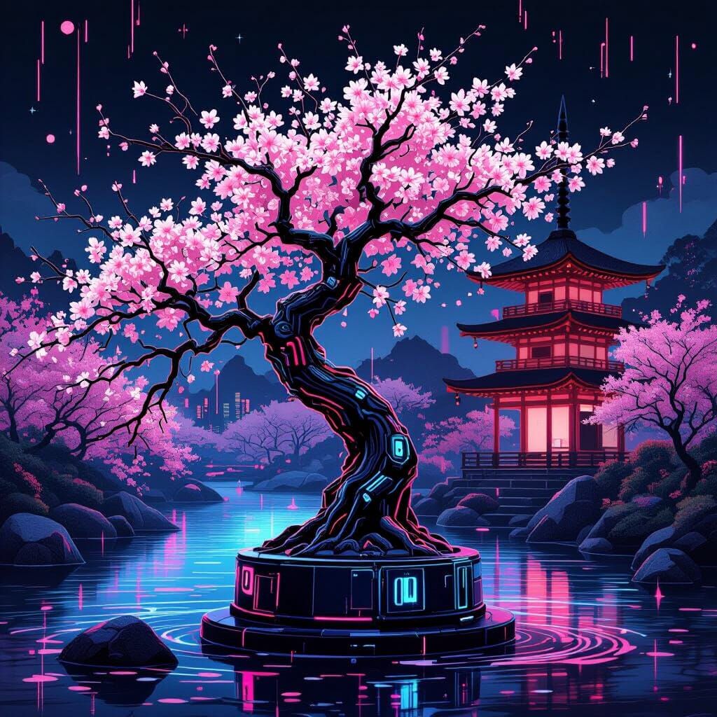 Cyberpunk Cherry Blossom Tree with Neon Accents