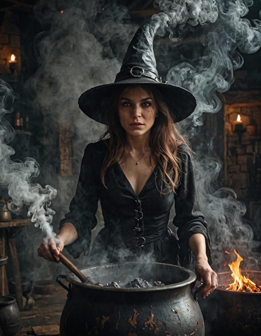 Evil Witch Behind Steaming Cauldron in Realistic Style