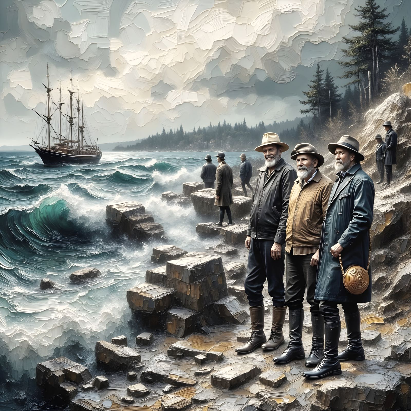 Coastal Scene in Impasto Oil Paints: Turbulent Waves and Roc...