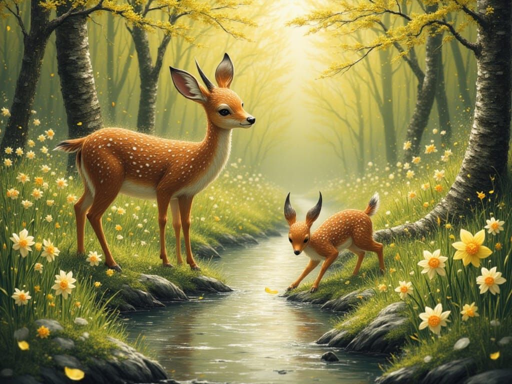 Spring Woodland Scene with Deer and Flowers