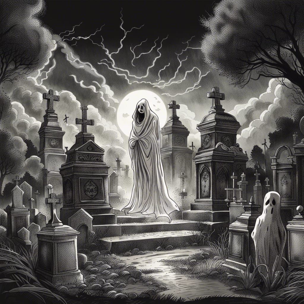 Ghostly Cemetery: Black and White Ink Drawing