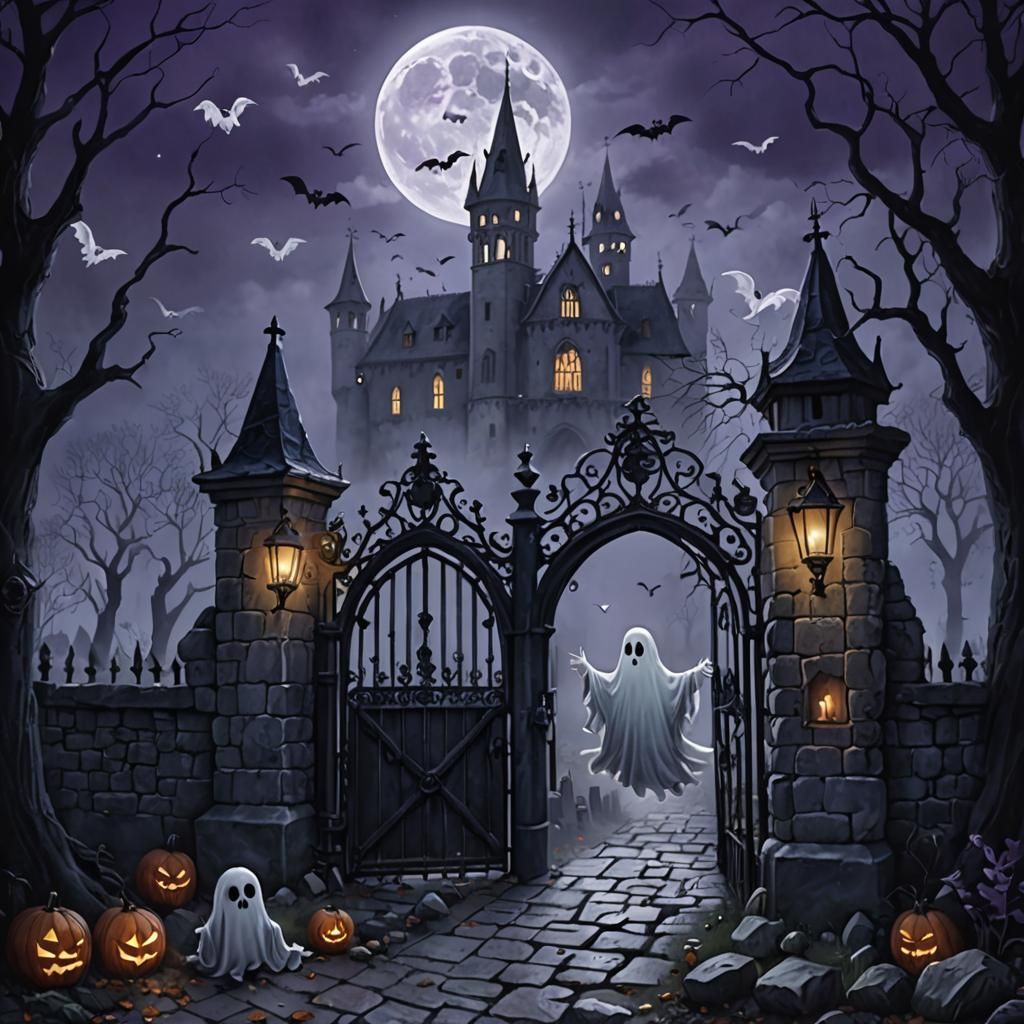 Gothic Gates with Cartoon Ghost in a Digital Painting