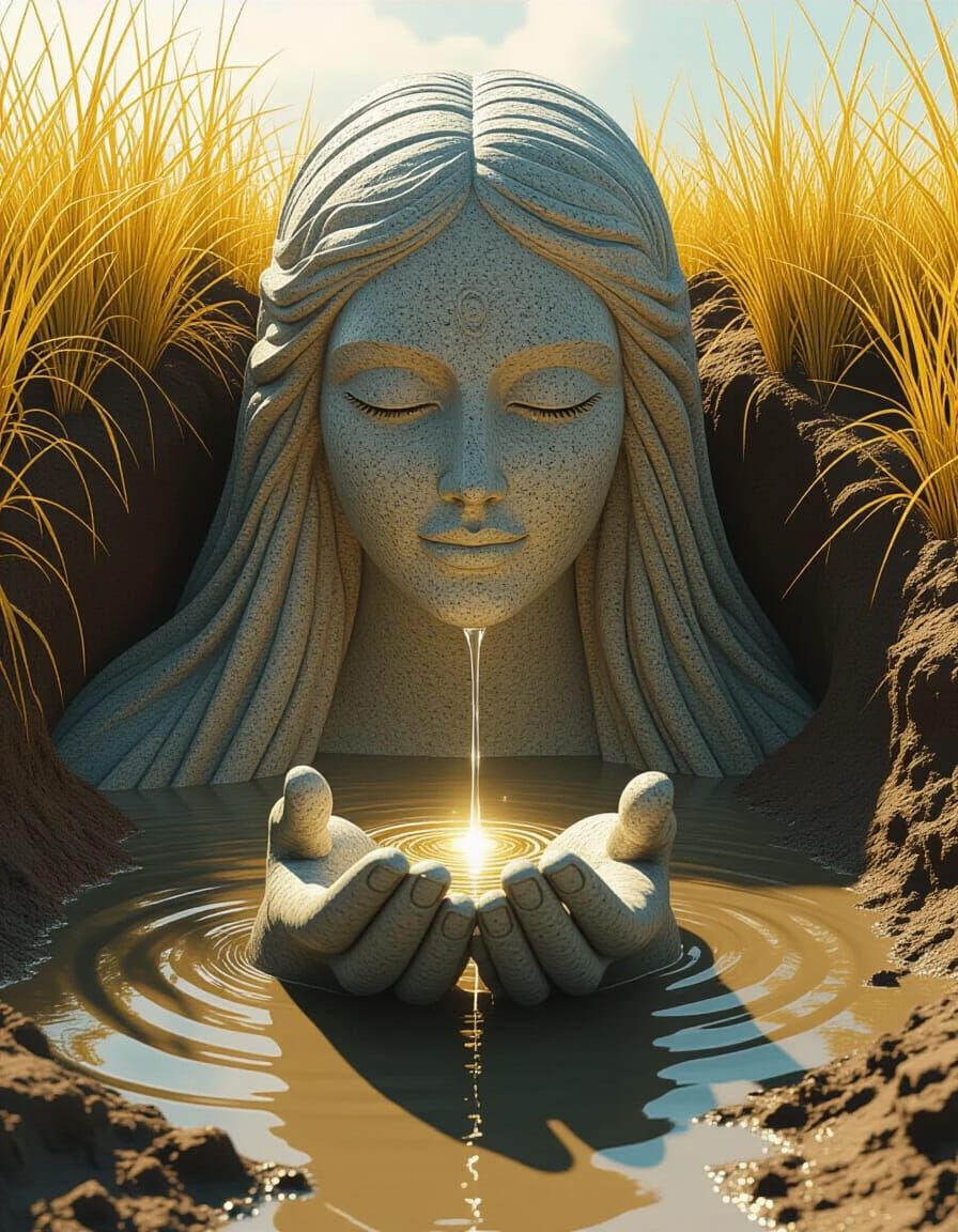 Colossal Granite Mokosh Emerges from Mud, Holding Light