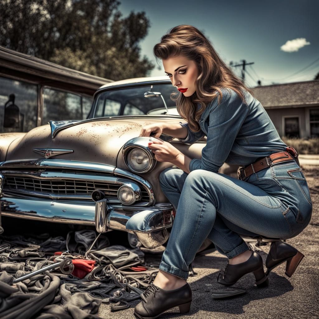 1950s Girl Repairs Car: Hyperrealistic Digital Art