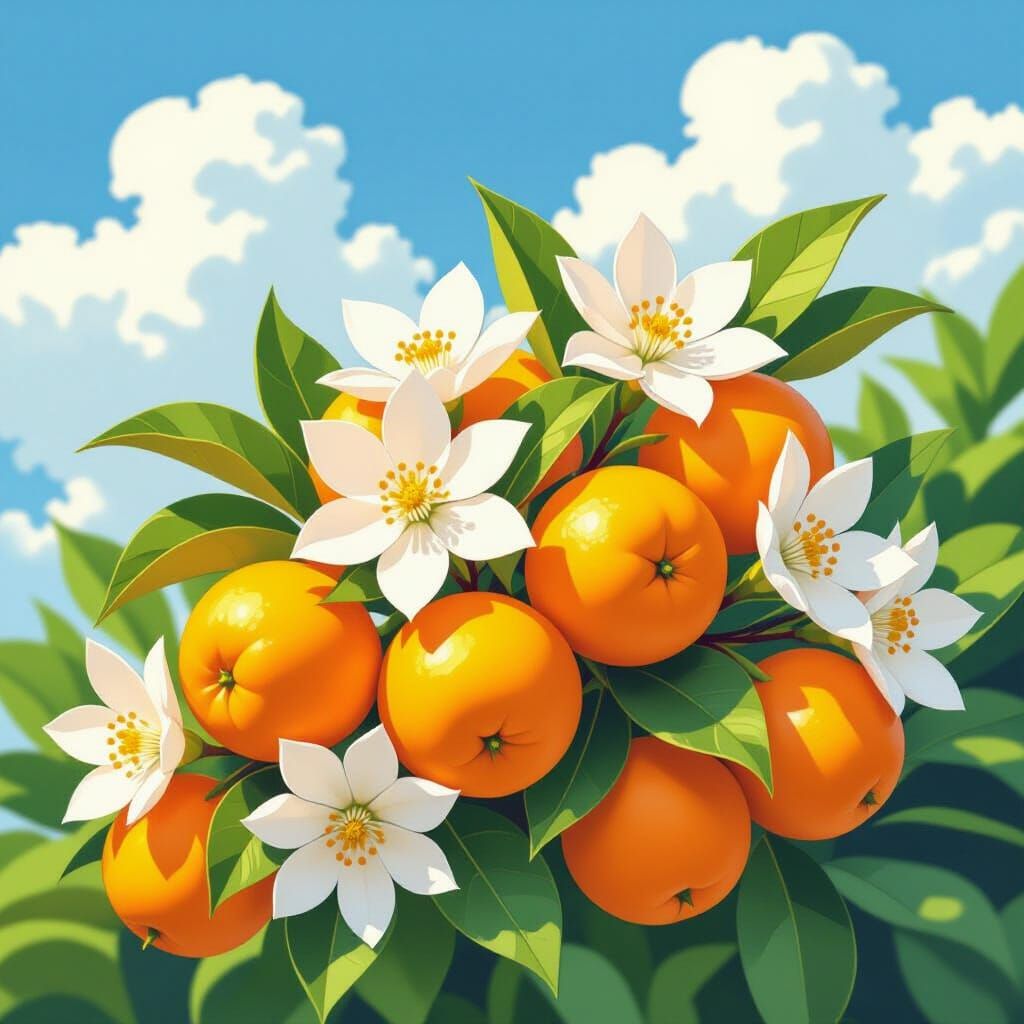Glossy Watercolor Garden with Orange Fruits