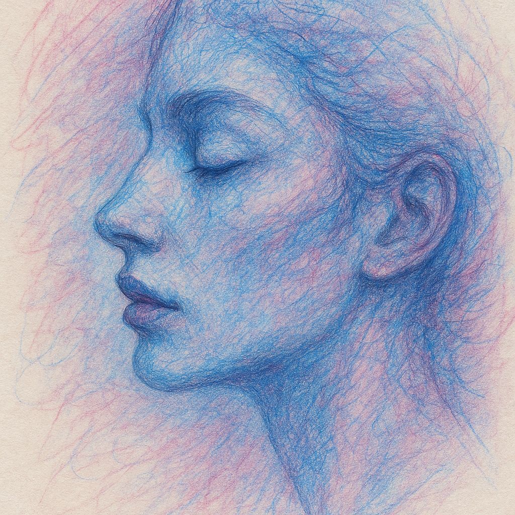 Mixed Media Portrait Drawing with Blue, Purple, Pink Tones