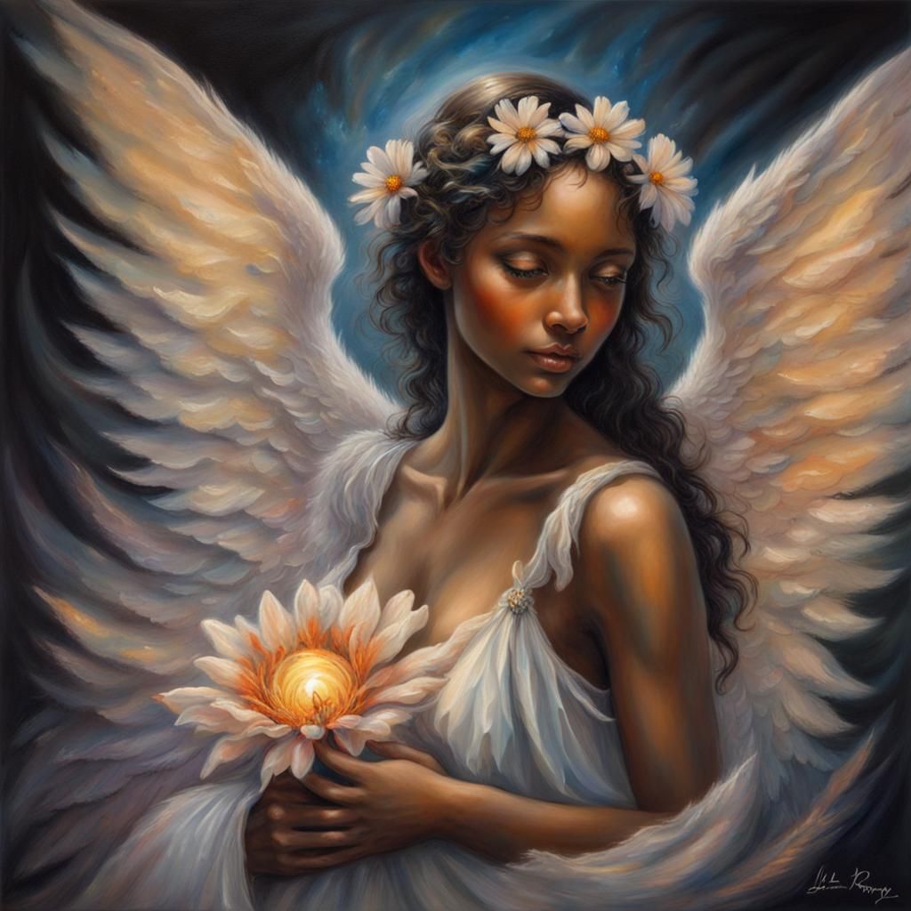 Heavenly Angel Oil Painting with Sunlight Wings