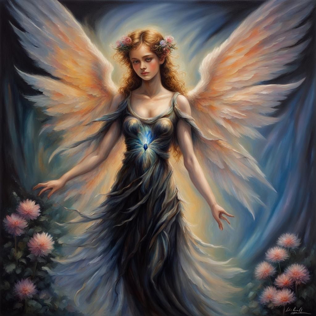 Heavenly Angel on Flower with Iridescent Wings