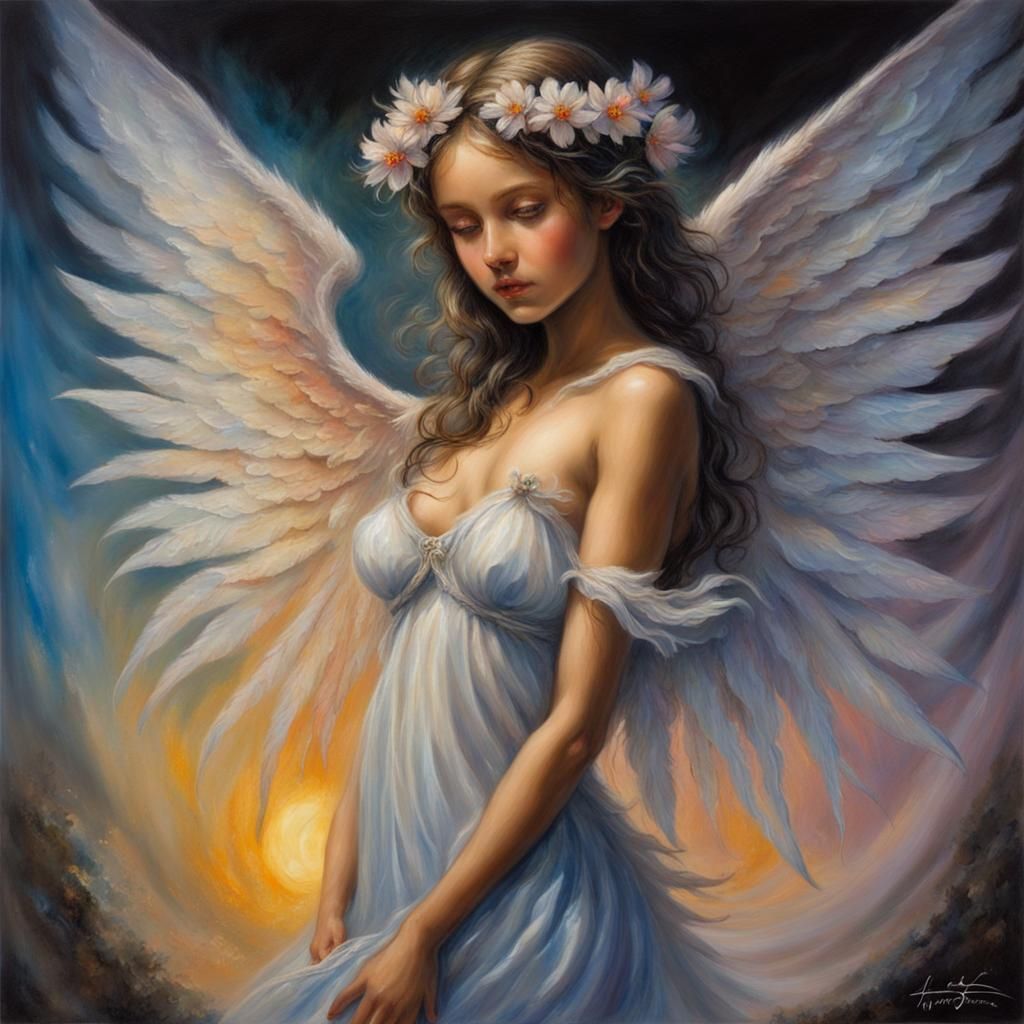 Heavenly Angel on Flower, in Fantasy Art Style