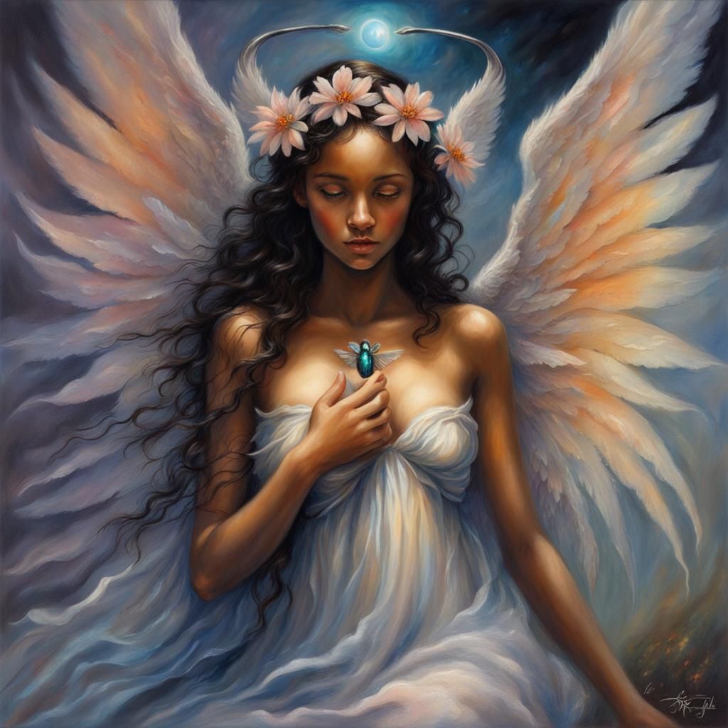 Heavenly Angel on Flower in Oil Painting Style
