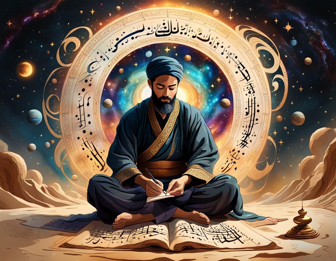 Ethereal Arabic Calligraphy Art with Celestial Bodies