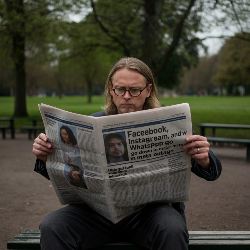 Modern Man Reads News of Major Meta Outage in Park
