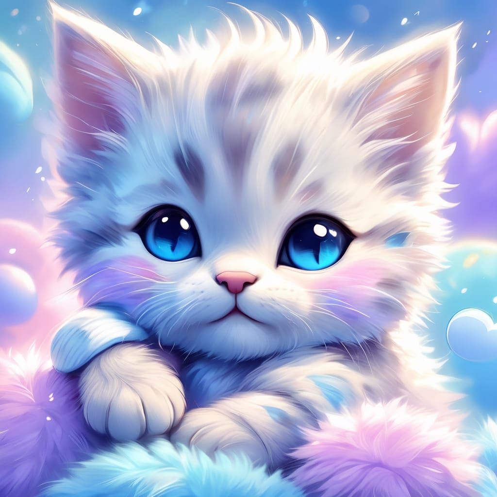 Kawaii Kitten Hugging Teddy Bear in Pastel Colors