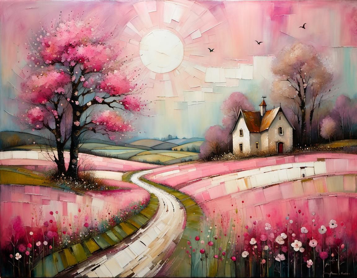 Pink Spring Meadow Encaustic Painting