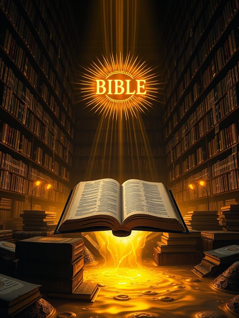 Bioluminescent Library with Floating Bible in Neon Style