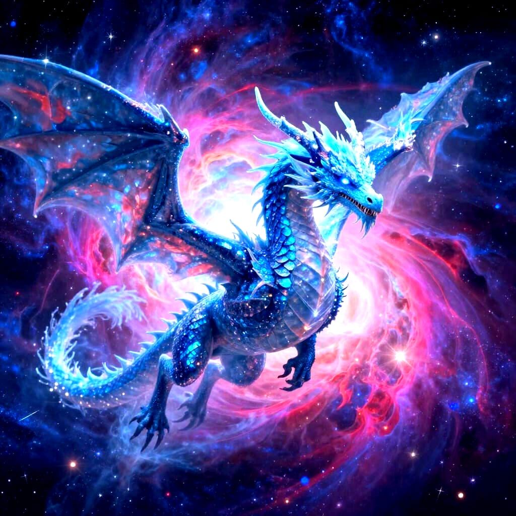 Majestic Ice Dragon Soars Through Cosmic Nebula