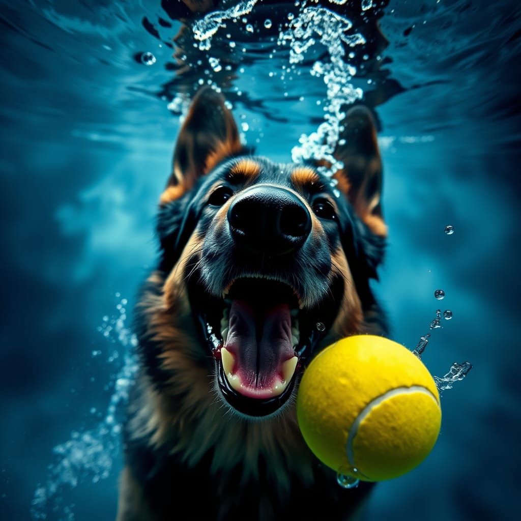 an image of a German Shepherd under water while trying to catch a yellow tennisball with his open mouth. Water bubbles r...