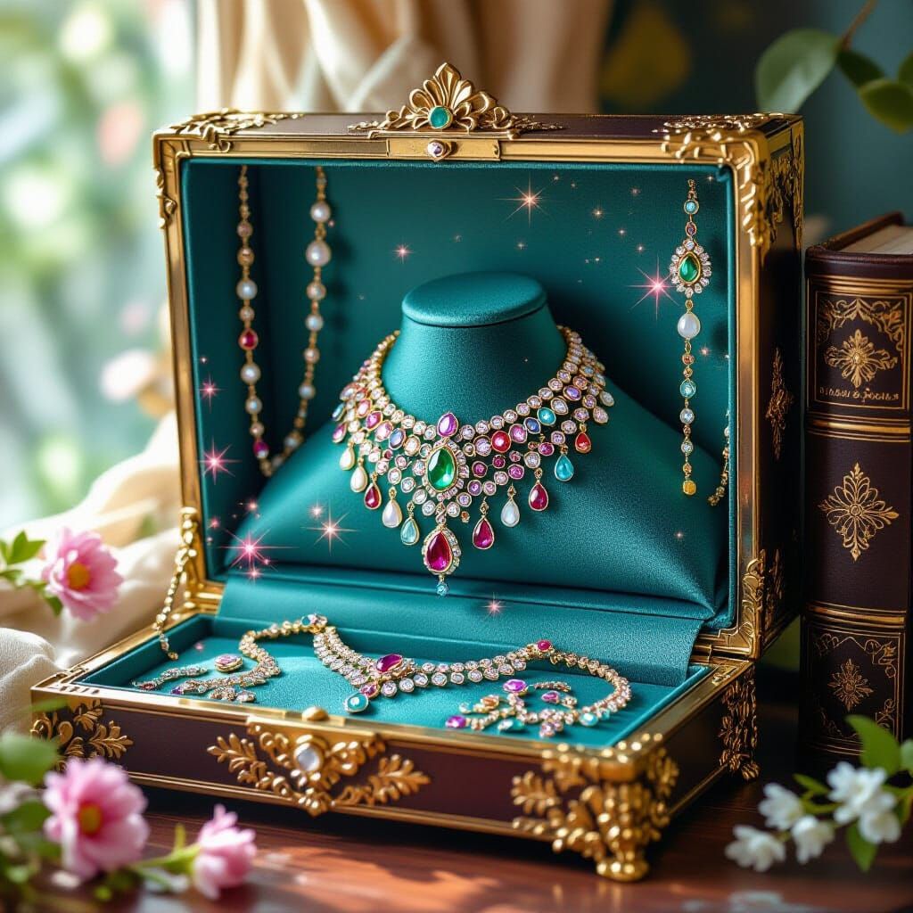 Gems and Jewellery in Ornate Bookcase