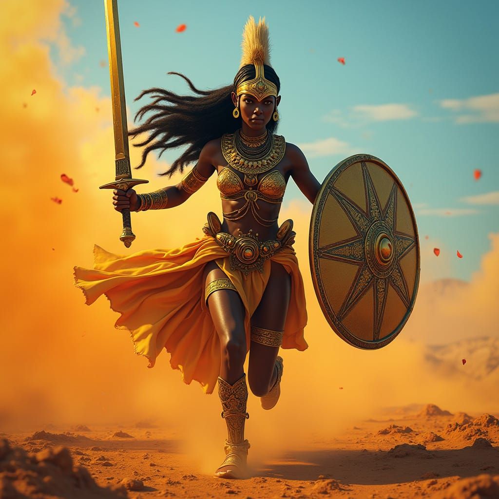 Golden Nubian Warrior Princess Charges into Battle